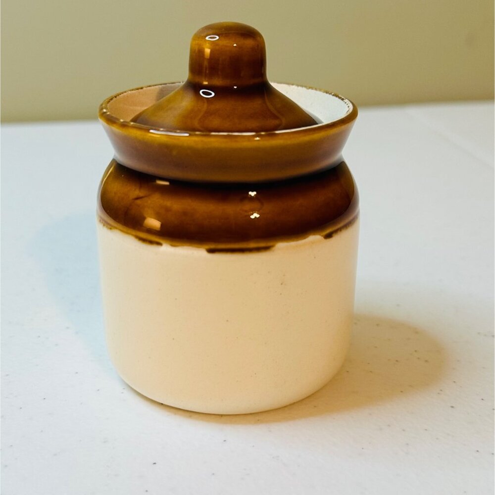 Small Brown and Off-white Ceramic Stoneware Jar With Lid Vintage look Farmhouse
